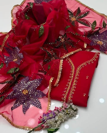 2-Piece Unstitched Organza Handwork Dress – Stones, Beads & Oil Paint Dupatta