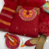 5-Piece Unstitched Organza Dress – Tilla Aari Embroidery with Khussa & Bag