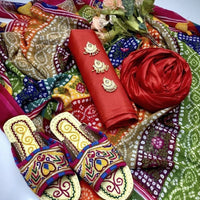 3-Piece Unstitched Kataan Silk Dress – Chunri Dupatta with Handmade Sleeper