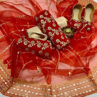 5-Piece Unstitched Party Suit – Chiffon Nag Jaal Shirt with Organza Dupatta, Khussa & Clutch