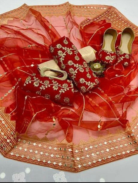 5-Piece Unstitched Party Suit – Chiffon Nag Jaal Shirt with Organza Dupatta, Khussa & Clutch