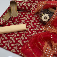 5-Piece Unstitched Wedding Dress – Georgette Shirt, Masoori Trouser, Organza Dupatta with Khussa & Clutch