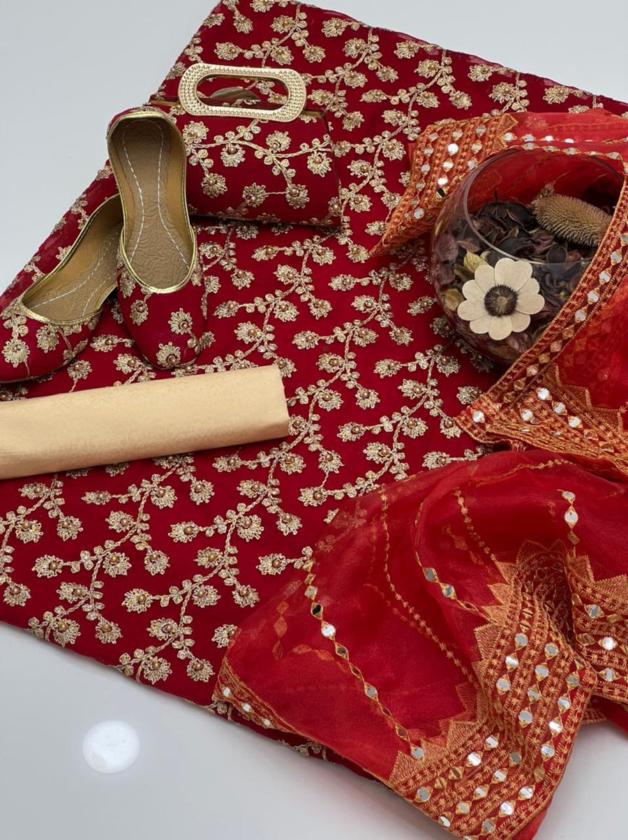 5-Piece Unstitched Wedding Dress – Georgette Shirt, Masoori Trouser, Organza Dupatta with Khussa & Clutch