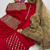 3-Piece Unstitched Wedding Dress – Chiffon Mirror Work Shirt, Kataan Trouser & Net Dupatta