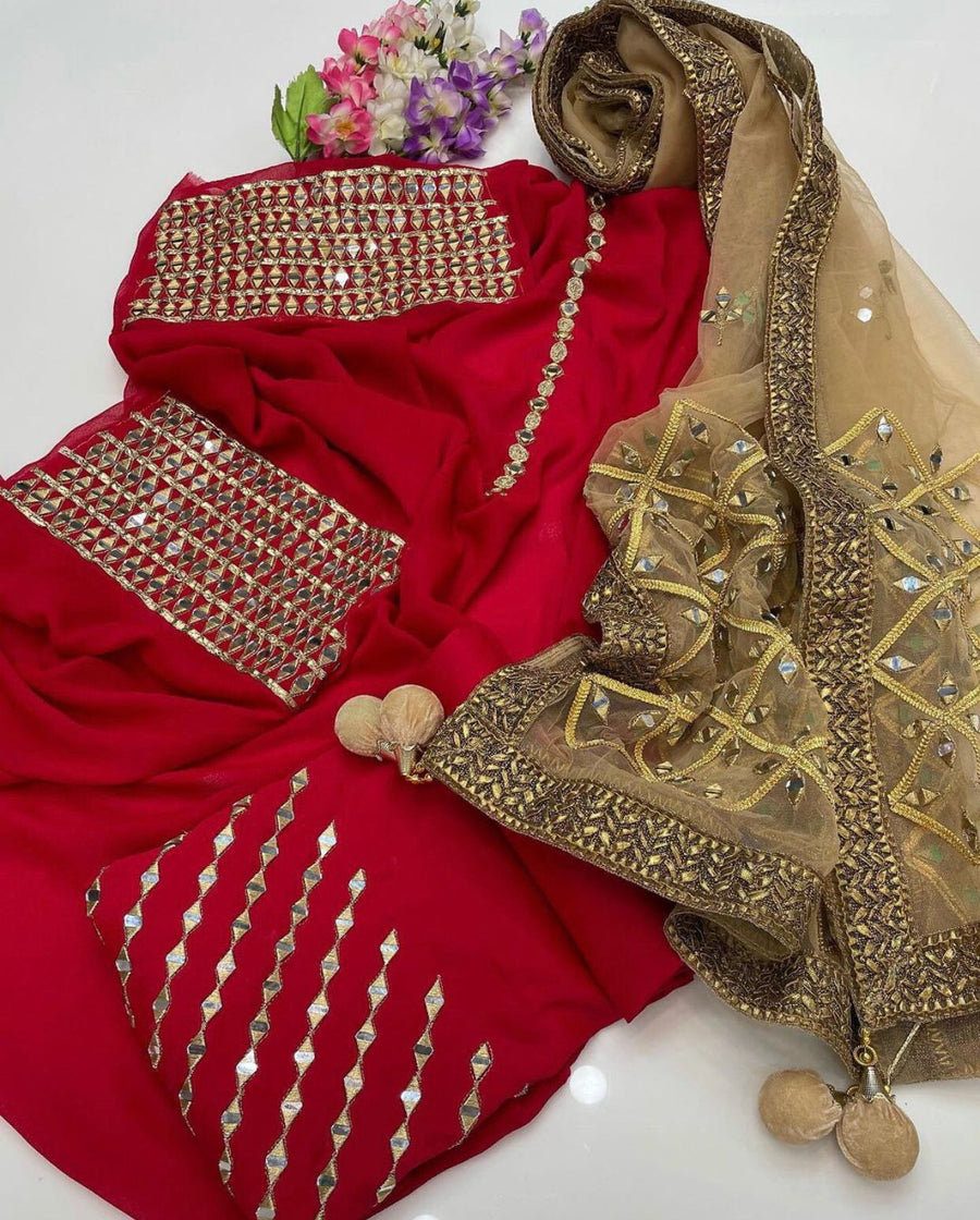 3-Piece Unstitched Wedding Dress – Chiffon Mirror Work Shirt, Kataan Trouser & Net Dupatta