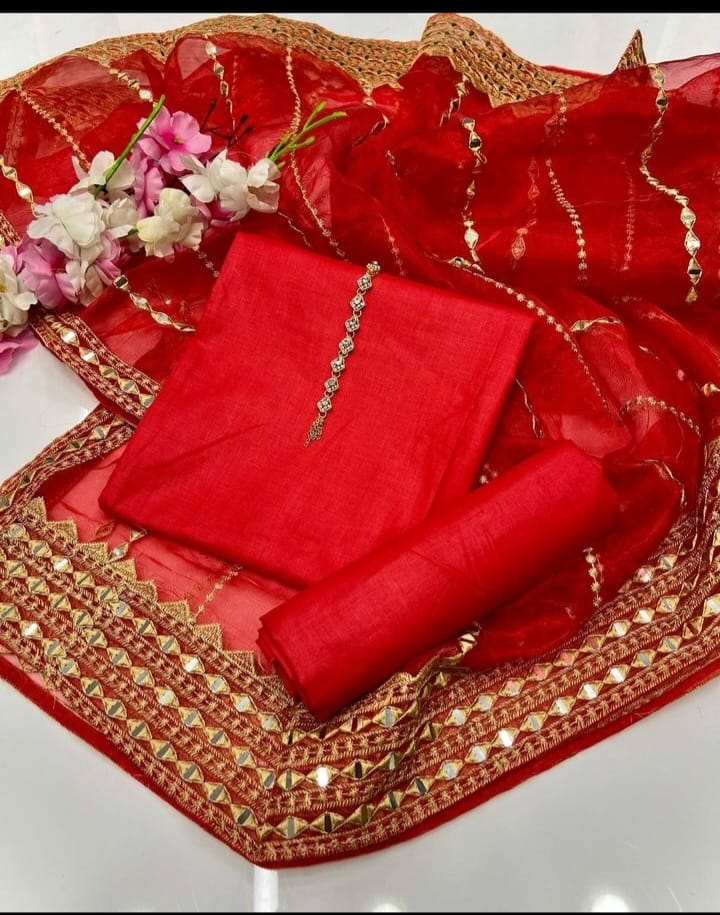 3-Piece Unstitched Kataan Silk Suit – Tissue Organza Embroidered Dupatta & Neckline