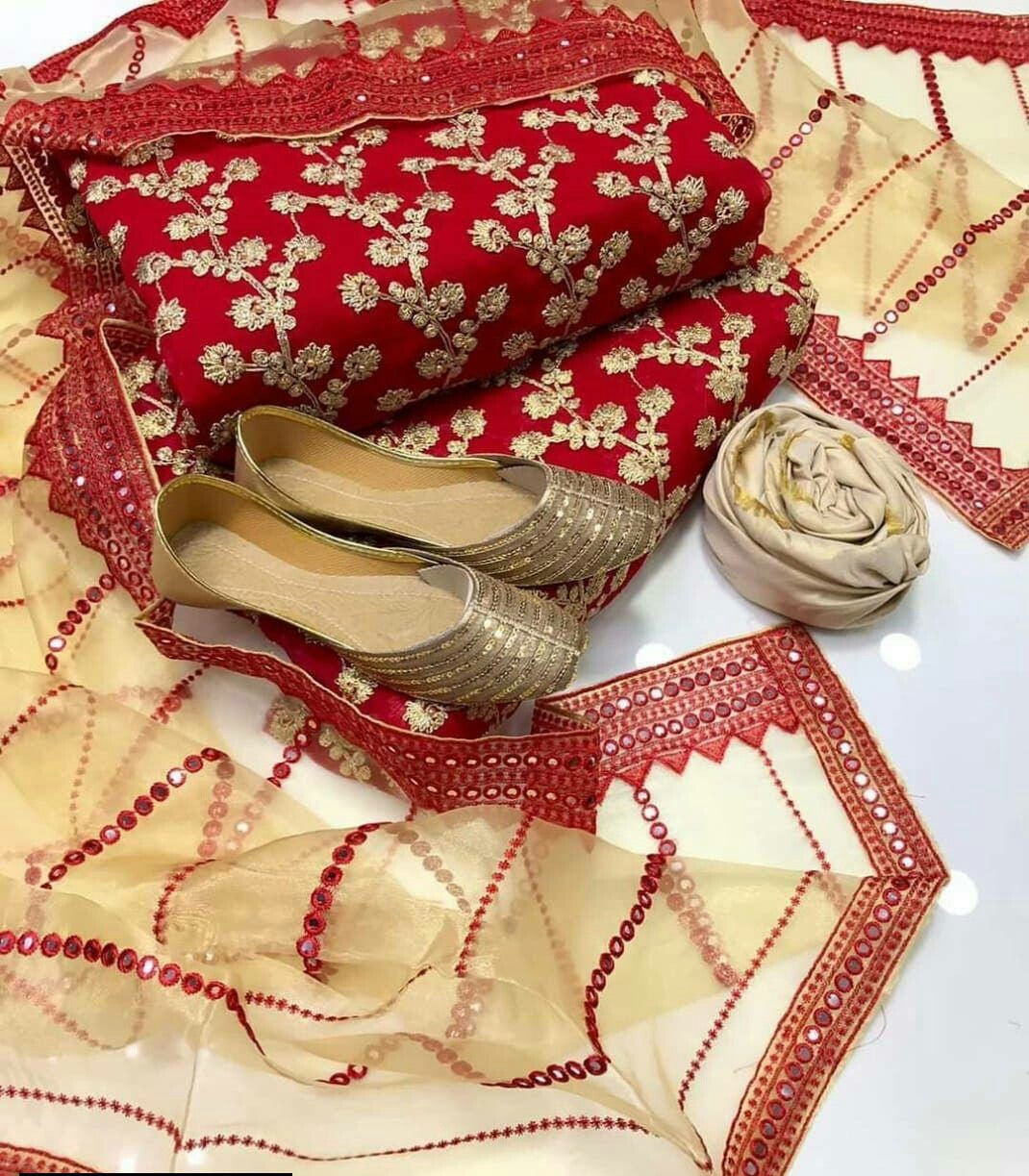 4-Piece Unstitched Wedding Suit – Chiffon Embroidered Shirt with Khussa