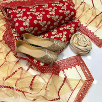 4-Piece Unstitched Wedding Suit – Chiffon Embroidered Shirt with Khussa