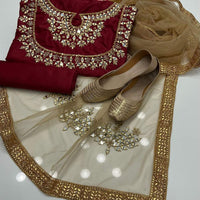 4-Piece Unstitched Kataan Mirror Work Suit – With Net Dupatta & Golden Khussa