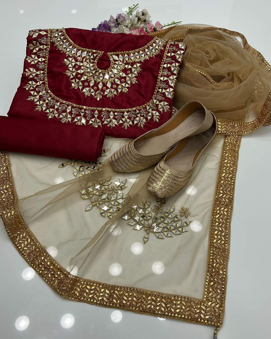 4-Piece Unstitched Kataan Mirror Work Suit – With Net Dupatta & Golden Khussa