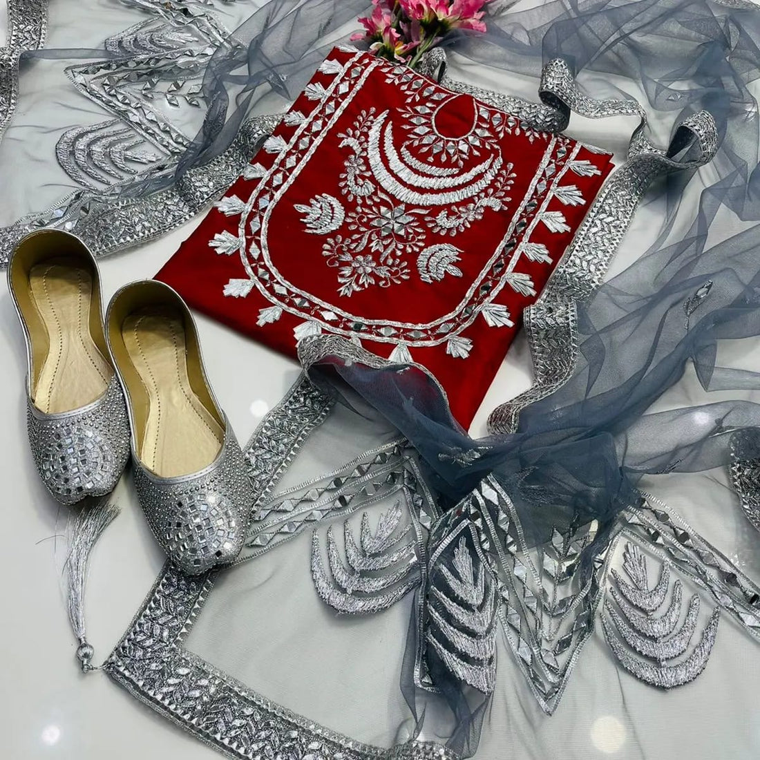 4-Piece Unstitched Kataan Mirror Work Dress – With Net Dupatta & Silver Khussa
