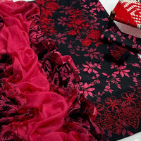 3-Piece Unstitched Lawn Suit – Printed Shirt with Embroidered Patches & Chiffon Dupatta