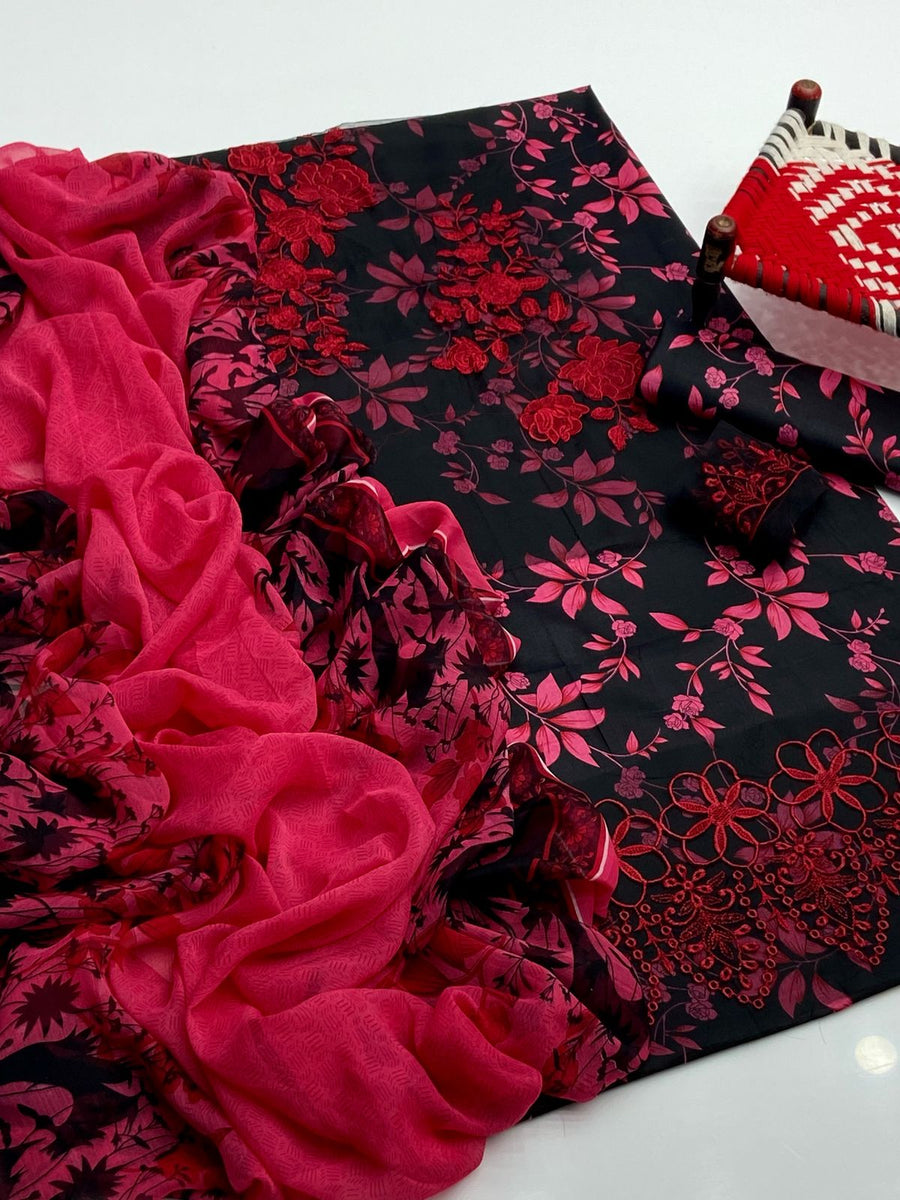 3-Piece Unstitched Lawn Suit – Printed Shirt with Embroidered Patches & Chiffon Dupatta