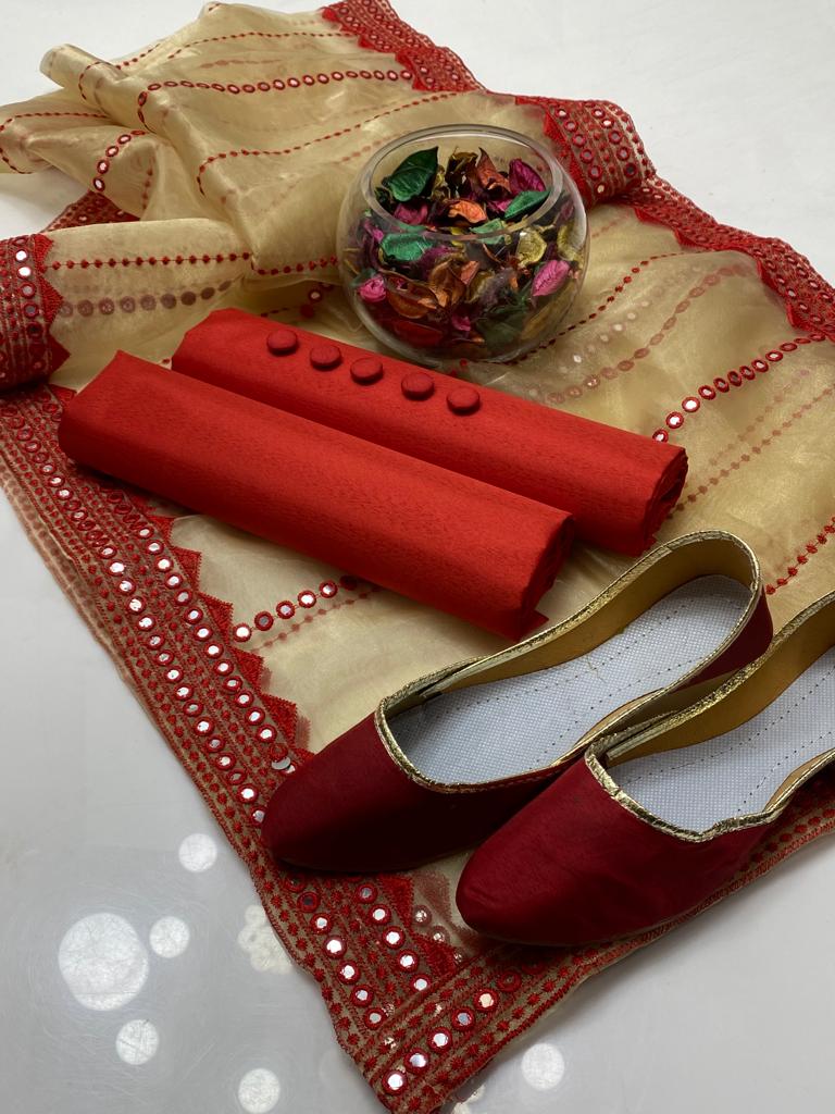 4-Piece Unstitched Kataan Silk Suit – Organza 9MM Foil Embroidered Dupatta with Button Gift