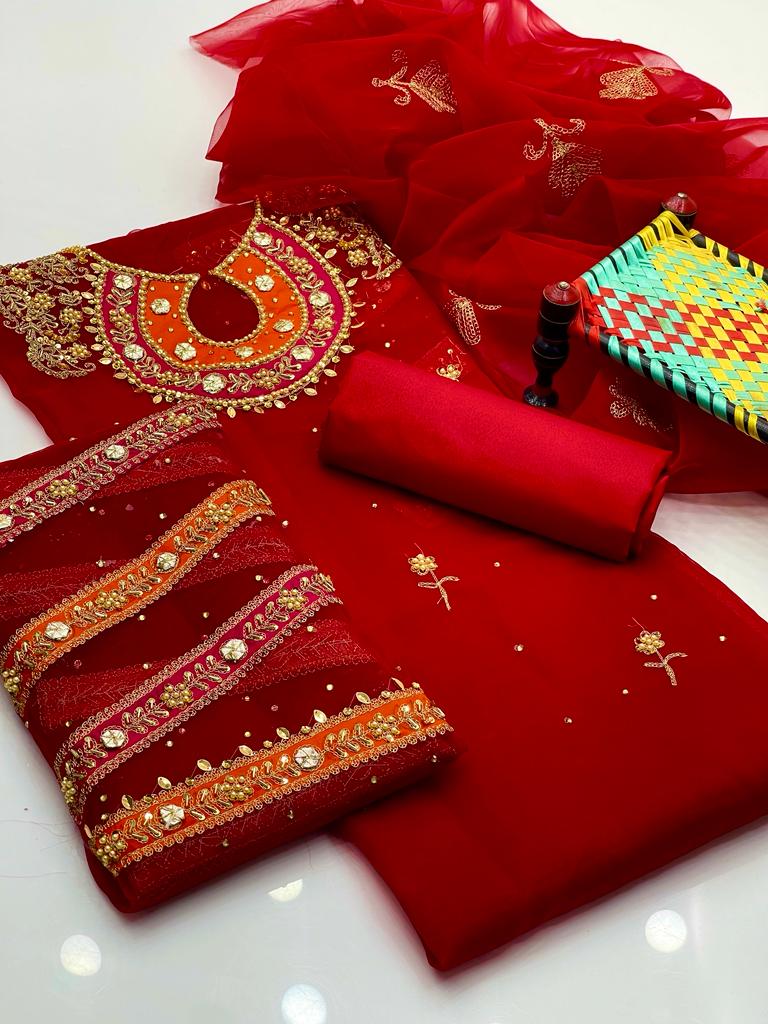 3-Piece Wedding Dress for Girls – Handmade Shirt, Kataan Trouser & Organza Dupatta
