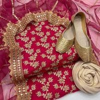 4-Piece Fancy Unstitched Dress for Girls – Chiffon Shirt, Masoori Trouser, Organza Dupatta & Khussa