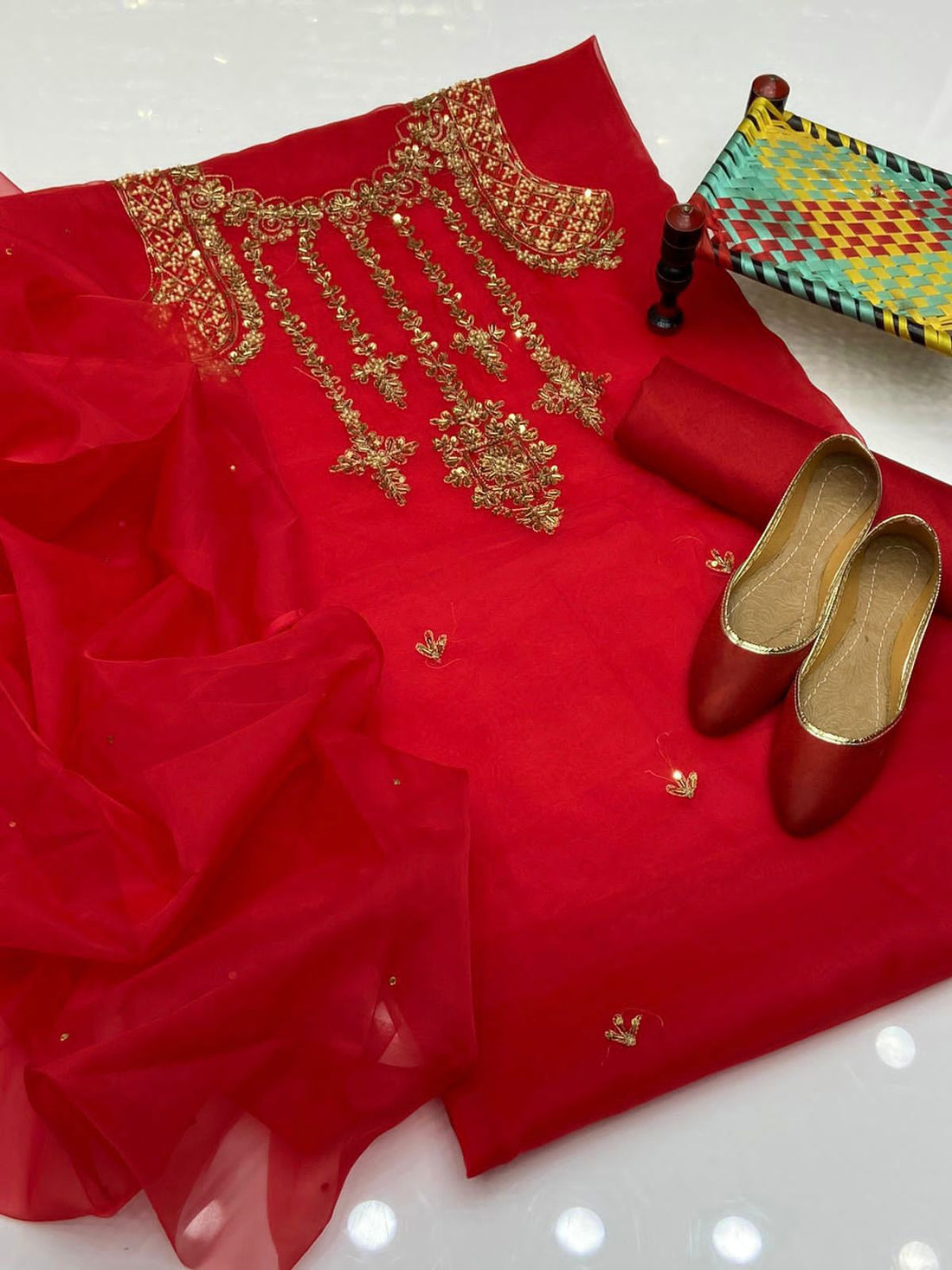 4-Piece Unstitched Organza Aari Work Dress – With Kunden Dupatta & Khussa