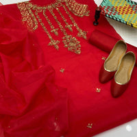 4-Piece Unstitched Organza Aari Work Dress – With Kunden Dupatta & Khussa