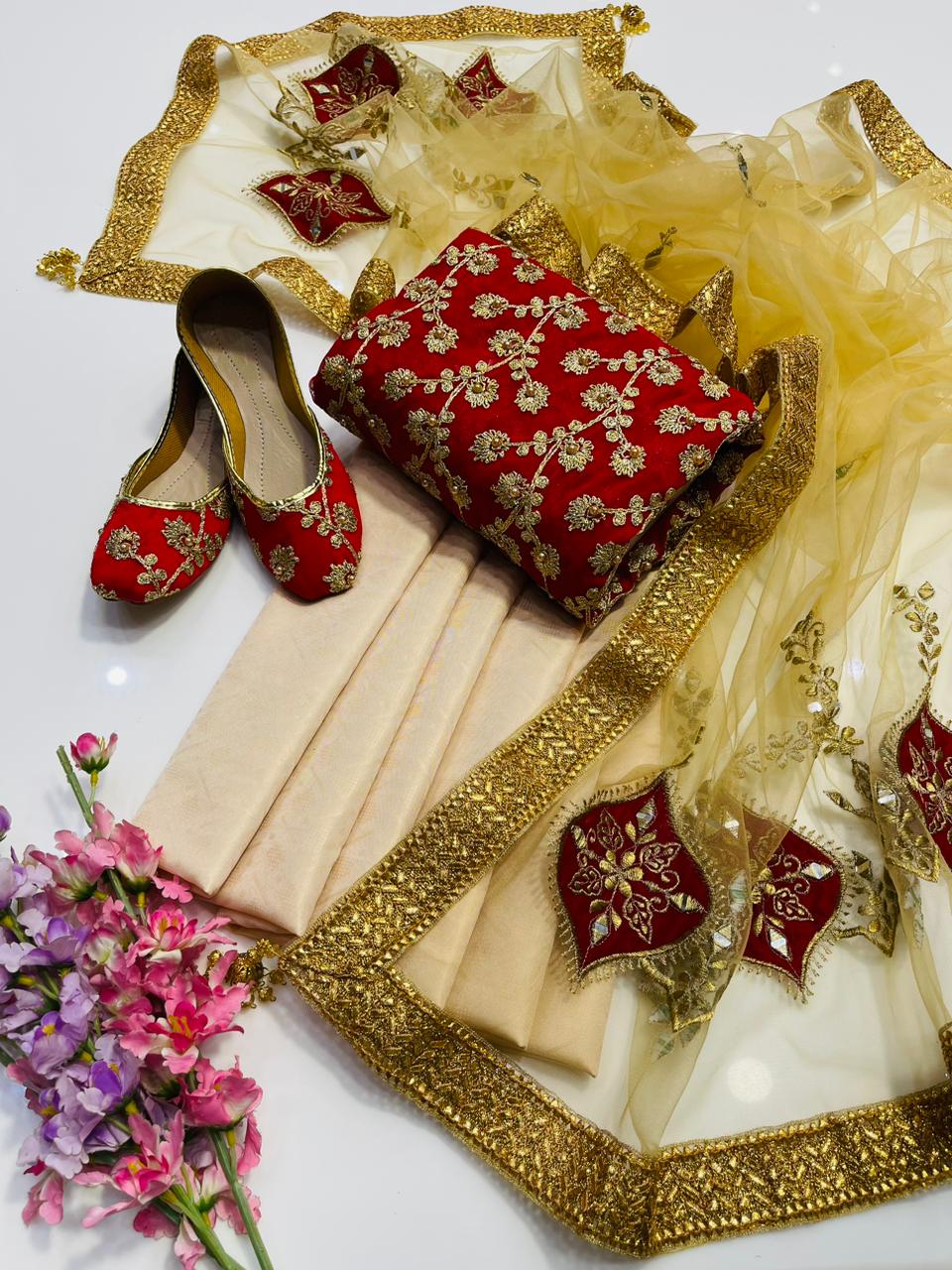 4-Piece Unstitched Wedding Suit – Chiffon Shirt, Masoori Trouser, Net Dupatta & Khussa