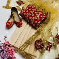 4-Piece Unstitched Wedding Suit – Chiffon Shirt, Masoori Trouser, Net Dupatta & Khussa
