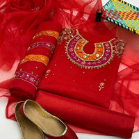 4-Piece Unstitched Organza Dress – Aari Zari Work with Patch Bazo, Dupatta & Khussa