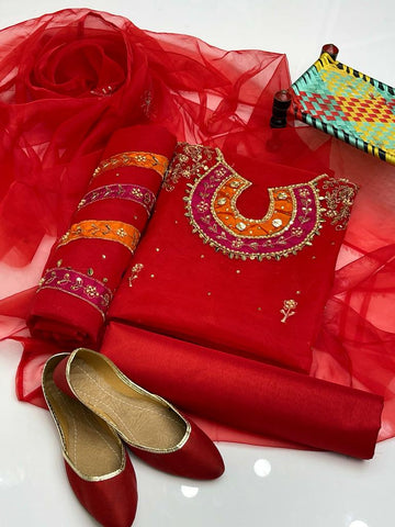 4-Piece Unstitched Organza Dress – Aari Zari Work with Patch Bazo, Dupatta & Khussa