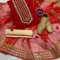 4-Piece Unstitched Dress for Girls – Kataan Shirt, Masoori Trouser, Organza Dupatta & Khussa