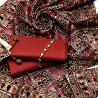 3-Piece Unstitched Kataan Silk Suit – Heavy Indian Embroidered Dupatta & Neckline Gift