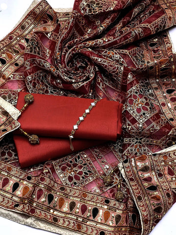 3-Piece Unstitched Kataan Silk Suit – Heavy Indian Embroidered Dupatta & Neckline Gift