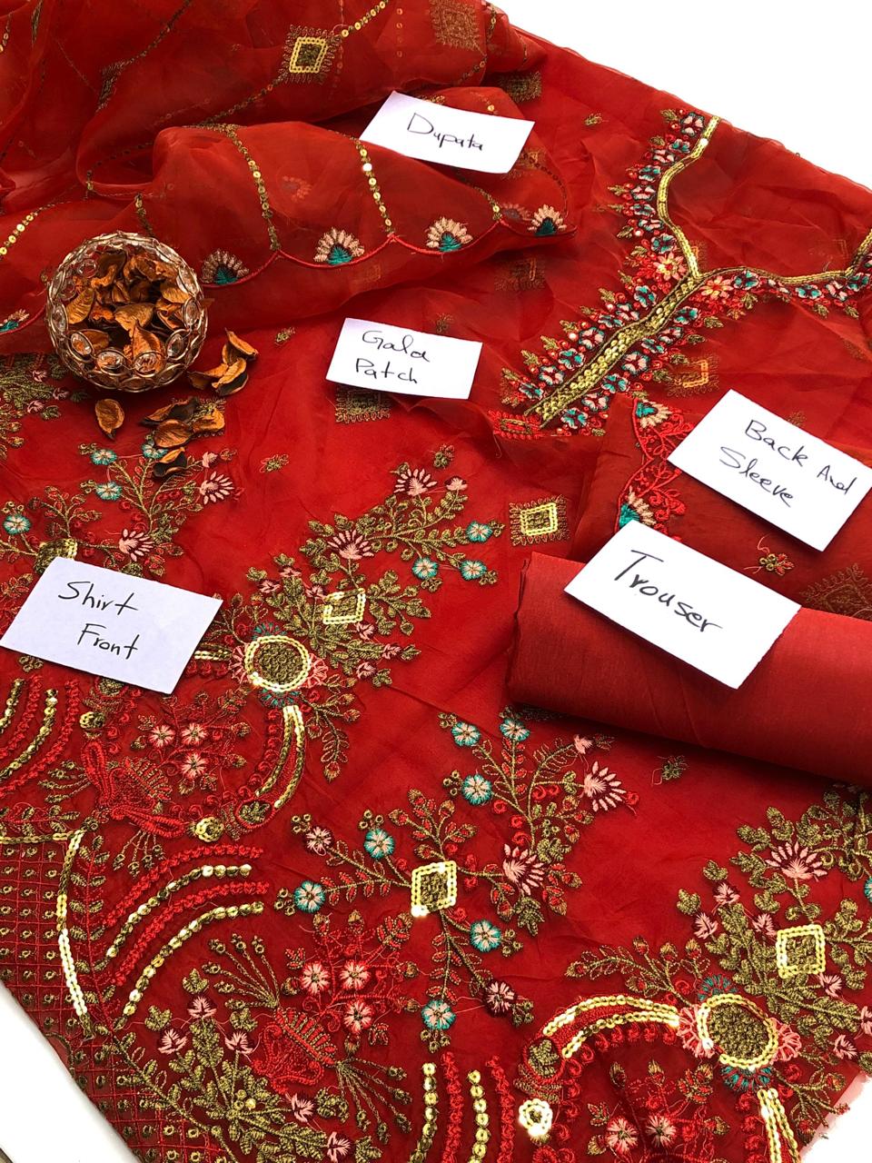 3-Piece Fancy Embroidered Organza Dress – Kataan Silk Trouser & Embroidered Dupatta