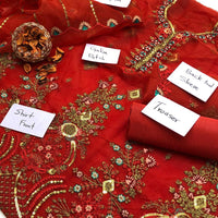 3-Piece Fancy Embroidered Organza Dress – Kataan Silk Trouser & Embroidered Dupatta