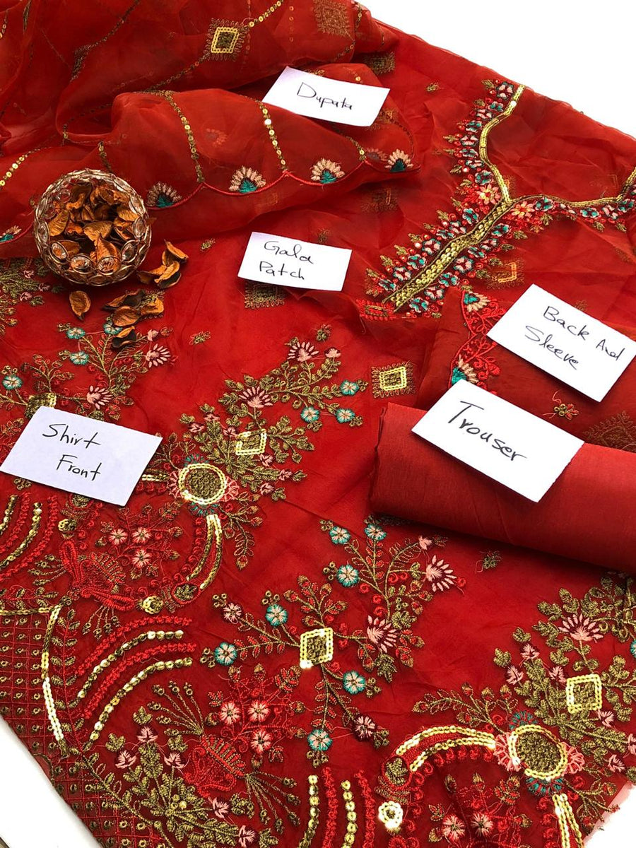 3-Piece Fancy Embroidered Organza Dress – Kataan Silk Trouser & Embroidered Dupatta