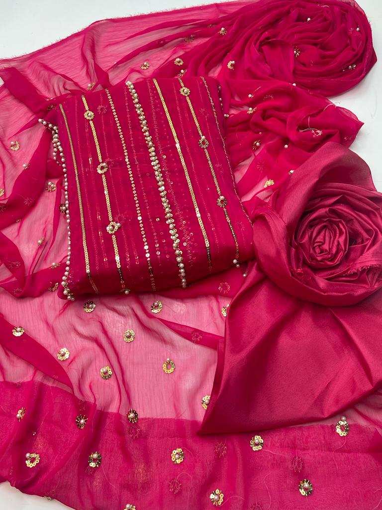 3-Piece Unstitched Fancy Suit – Chiffon Pearl Work with Silk Trouser