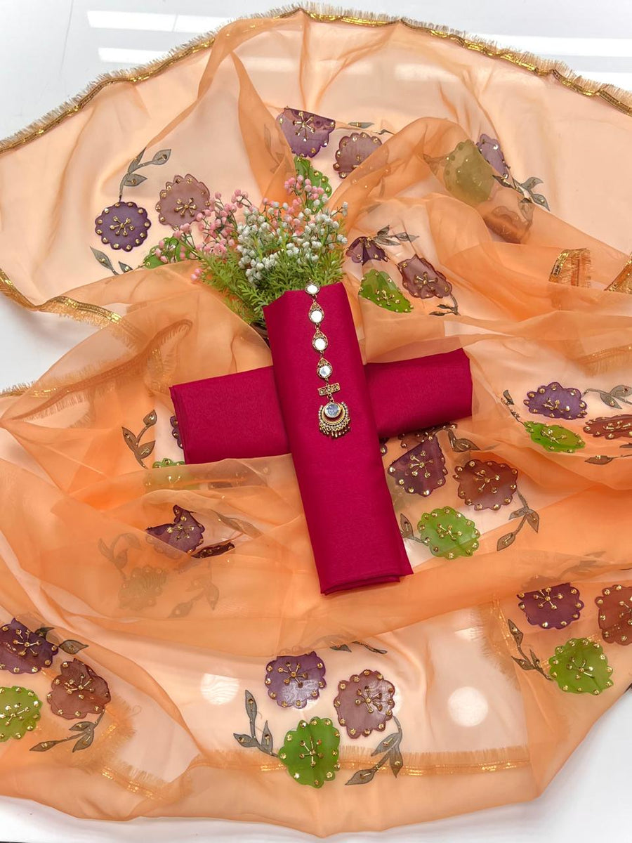 3-Piece Unstitched Kataan Silk Dress – Organza Brush Dupatta & Free Mirror Neckline