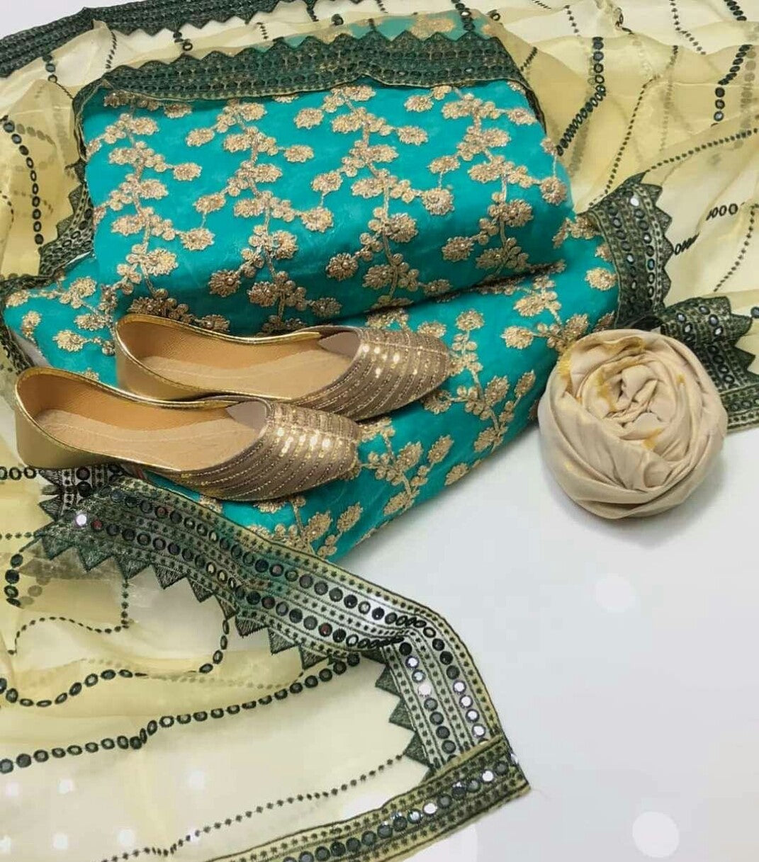 4-Piece Unstitched Wedding Suit – Chiffon Embroidered Shirt with Khussa