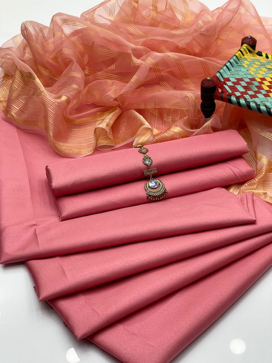 3-Piece Unstitched Fancy Suit – Kataan Silk with Organza Dupatta & Neckline