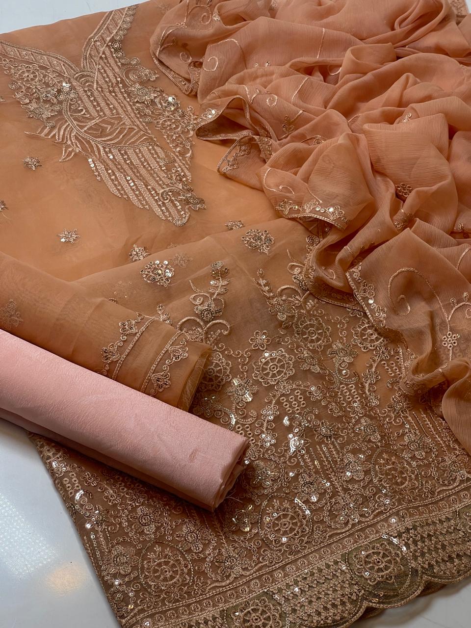 3-Piece Unstitched Fancy Dress – Organza Embroidered Shirt with Chiffon Dupatta