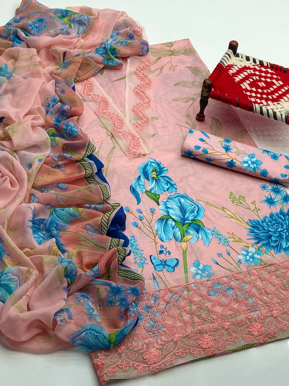 3-Piece Unstitched Lawn Suit – Printed Shirt with Embroidered Patches & Chiffon Dupatta