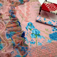3-Piece Unstitched Lawn Suit – Printed Shirt with Embroidered Patches & Chiffon Dupatta