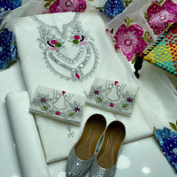 4-Piece Unstitched Luxury Dress – Organza Mirror & Tilla Work with Dupatta, Trousers & Khussa