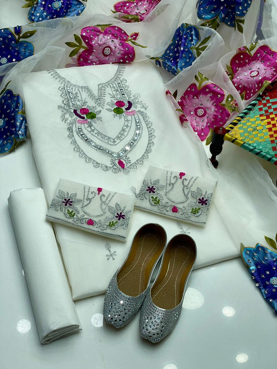 4-Piece Unstitched Luxury Dress – Organza Mirror & Tilla Work with Dupatta, Trousers & Khussa