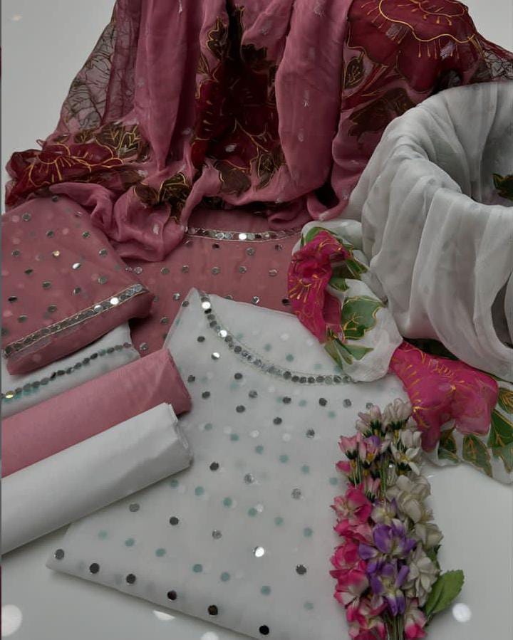 3-Piece Unstitched Mirror Work Dress – Pure Organza Shirt, Brush Dupatta & Kataan Trouser