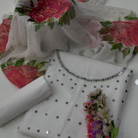 3-Piece Unstitched Mirror Work Dress – Pure Organza Shirt, Brush Dupatta & Kataan Trouser