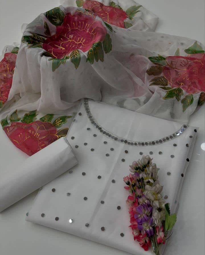 3-Piece Unstitched Mirror Work Dress – Pure Organza Shirt, Brush Dupatta & Kataan Trouser