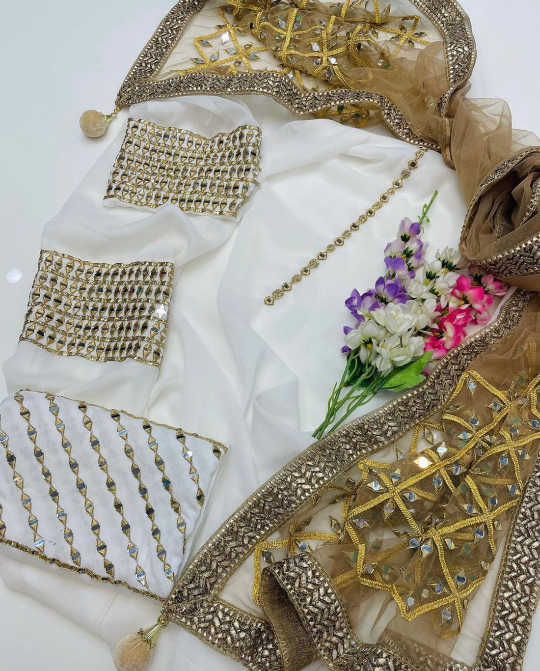 3-Piece Unstitched Wedding Dress – Chiffon Mirror Work Shirt, Kataan Trouser & Net Dupatta