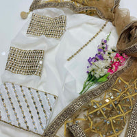 3-Piece Unstitched Wedding Dress – Chiffon Mirror Work Shirt, Kataan Trouser & Net Dupatta
