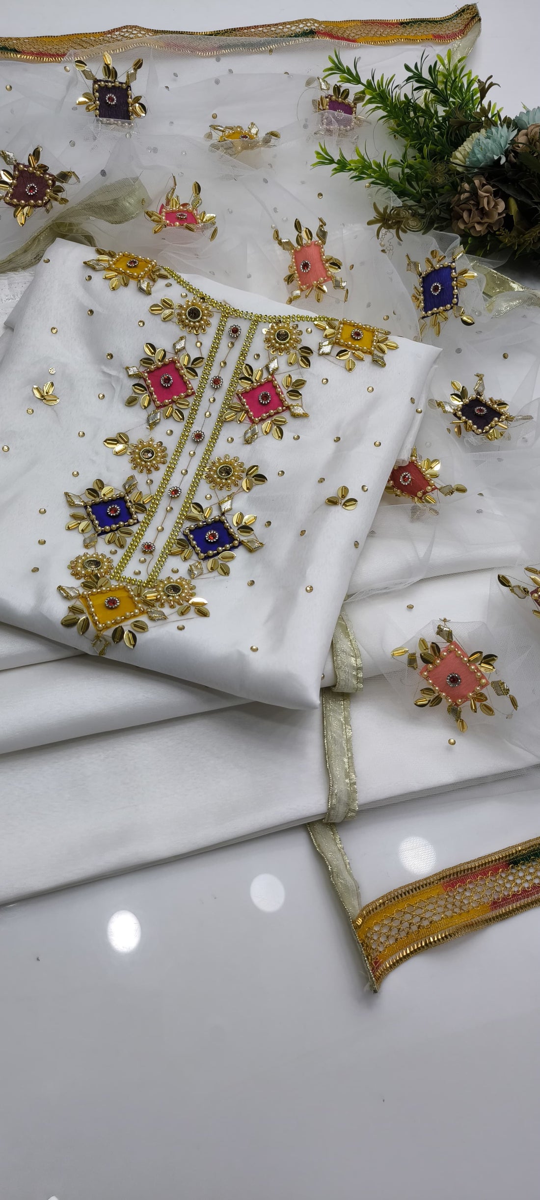3-Piece Unstitched Handmade Dress – Kattan Silk with Moti, Sitara & Kundan Work