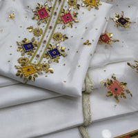 3-Piece Unstitched Handmade Dress – Kattan Silk with Moti, Sitara & Kundan Work