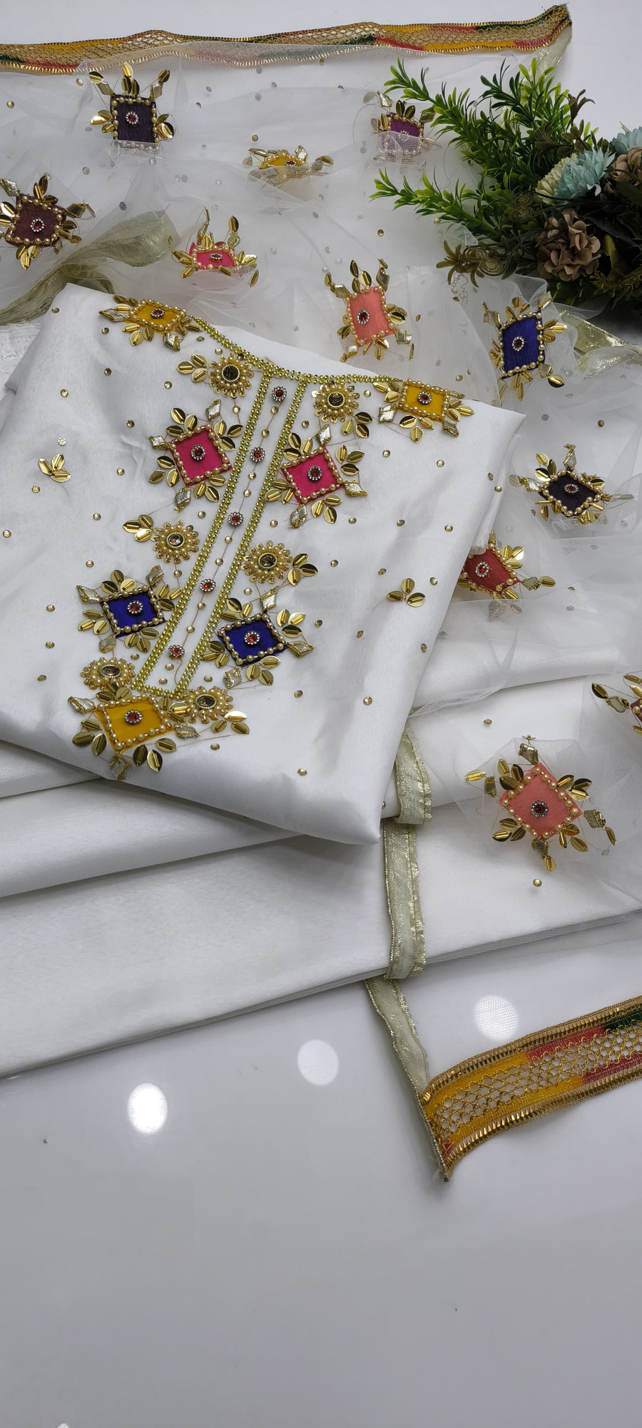 3-Piece Unstitched Handmade Dress – Kattan Silk with Moti, Sitara & Kundan Work