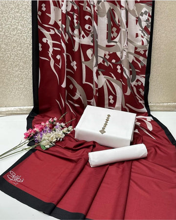 New Collection 2025  Swiss lawn  calligraphy digital print duppta  Kathan silk plain shirt and trouser  3pc suit   With Neckline